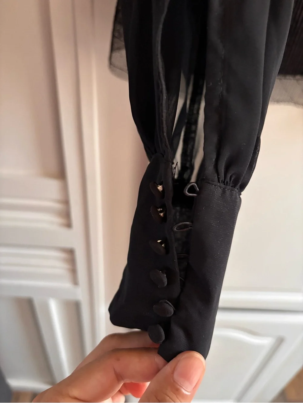 Grace Black Sheer Tie-Neck Blouse with Textured Bodice